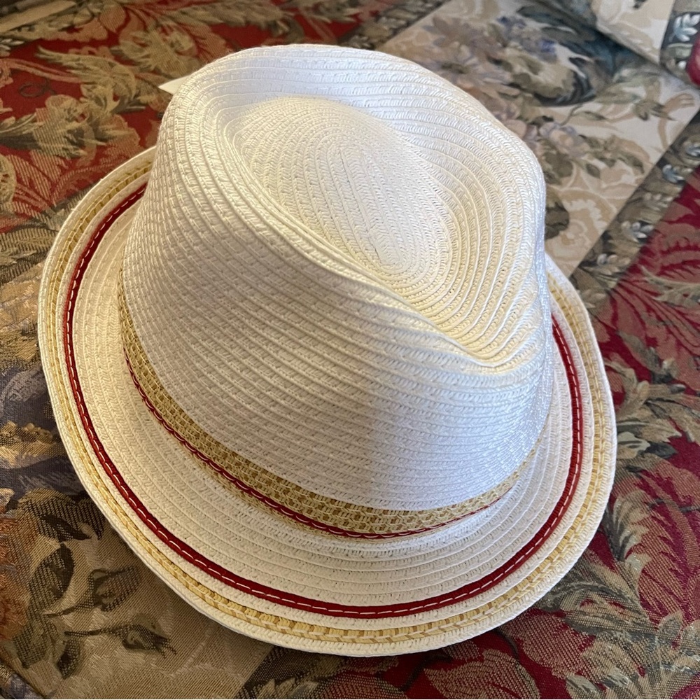 SeanJohn Hat - Ivory/White w/Tan/Crimson border.  Mens:  L/XL